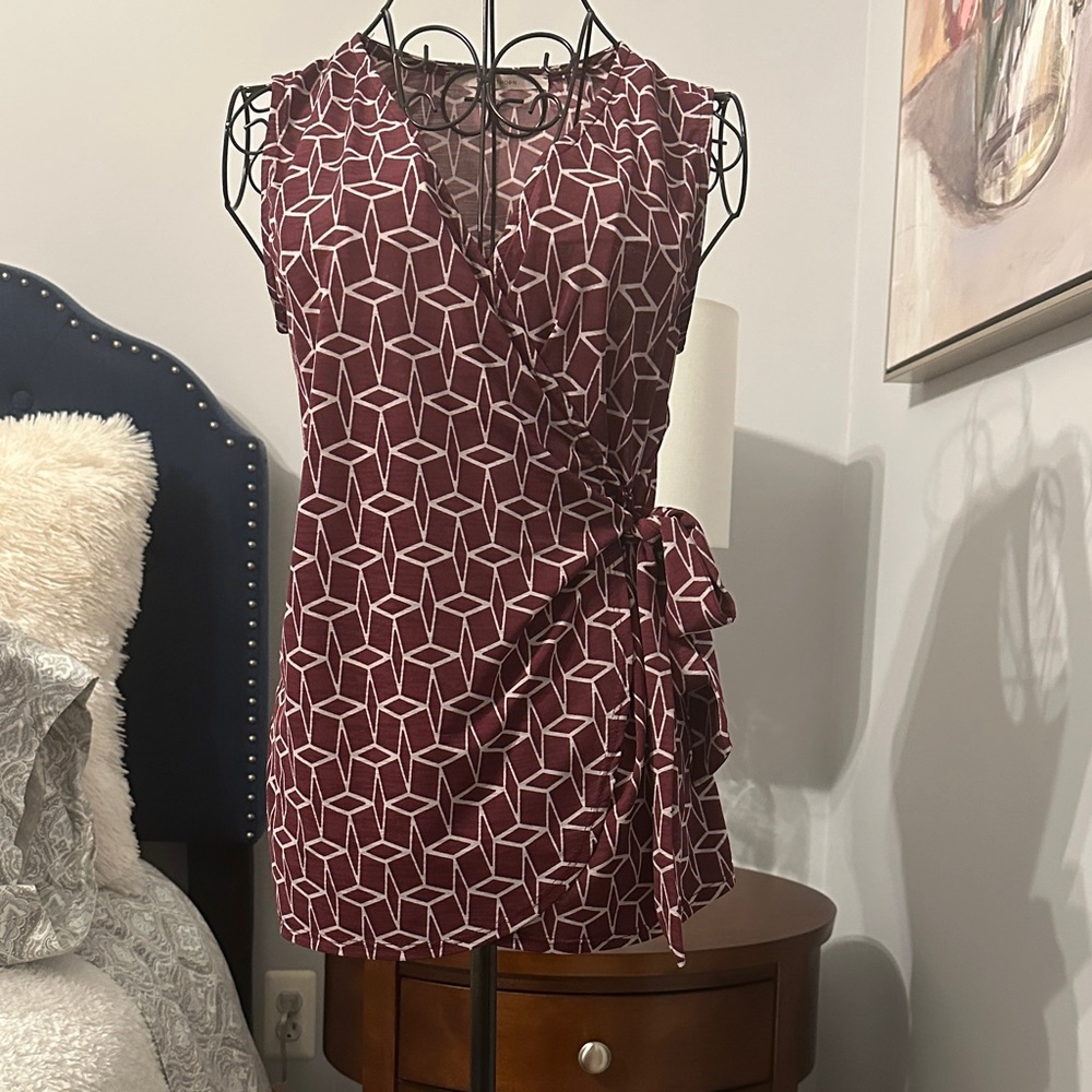 Geometric Faux Wrap Blouse in Burgundy and White